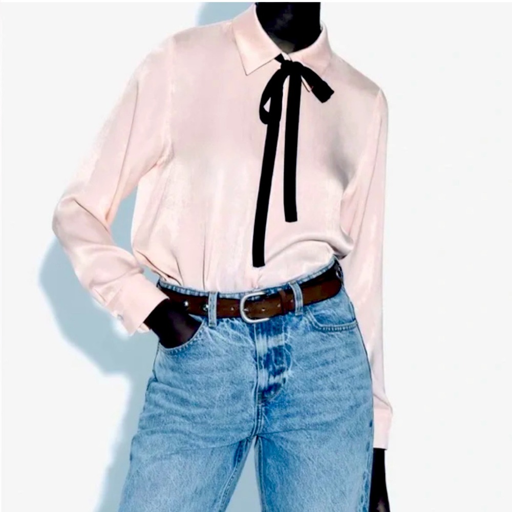 Zara Pink Satin Blouse with Black Tie